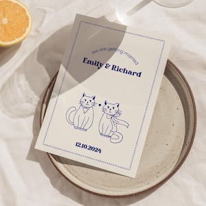 Modèle de faire-part de mariage amoureux des chats dessinés à la main, faire-part imprimable et modifiable minimal amusant lunatique, téléchargement immédiat W13