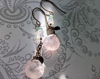 Nadia Earrings  - natural champagne pink rose quartz faceted teardrop with moonstone and adventurine on brass - great gift