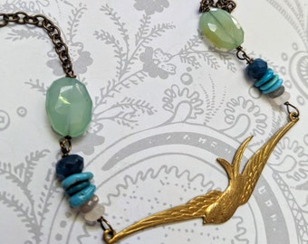 Alexis Soaring Bird Necklace- golden vintage brass soaring bird necklace with chalcedony, turquoise and moonstone