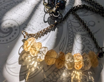 Kelsey Necklace - lemon citrine with tiny druzy accents on vintage brass