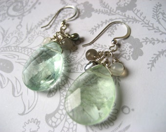 Fiona Earrings - water blue fluorite, moonstone and freshwater pearls on sterling silver