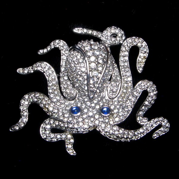 Vintage SWAROVSKI Rhinestone OCTOPUS Pin BROOCH Retired Silver Large Old Crystal Jewelry Sea Life