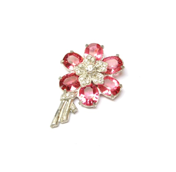 VINTAGE Rhinestone Dress CLIP Flower PINK Jeweled