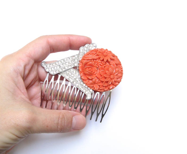 Vintage HAIR Comb HANDMADE Rhinestone CORAL Celluloid Flowers Art Deco Clip Barrette Orange Summer Old New Accessories Wedding Bridal