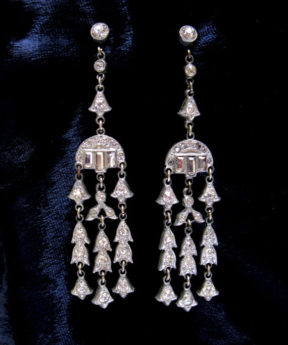 Art Deco Long Rhinestone Earrings 1930s Pendant Ea