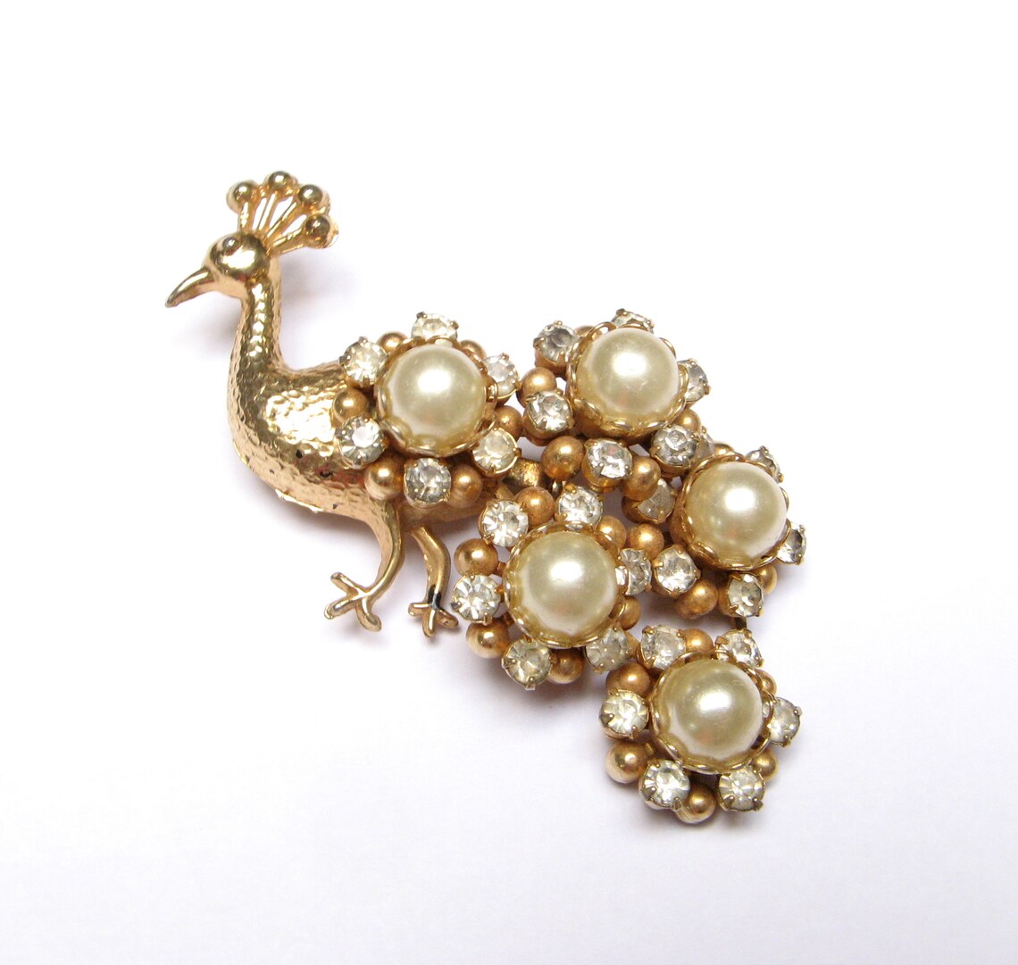 Vintage PEACOCK Brooch Pin 1940s Brooch Crystal PIN Pearl Etsy