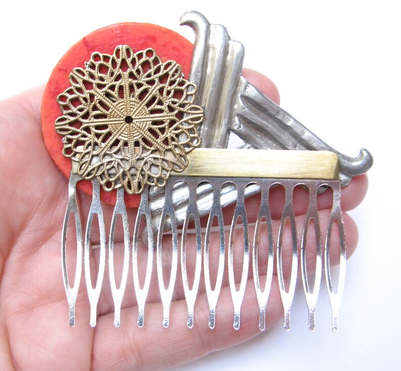 Vintage HAIR Comb HANDMADE Rhinestone CORAL Celluloid Flowers Art Deco Clip Barrette Orange Summer Old New Accessories Wedding Bridal