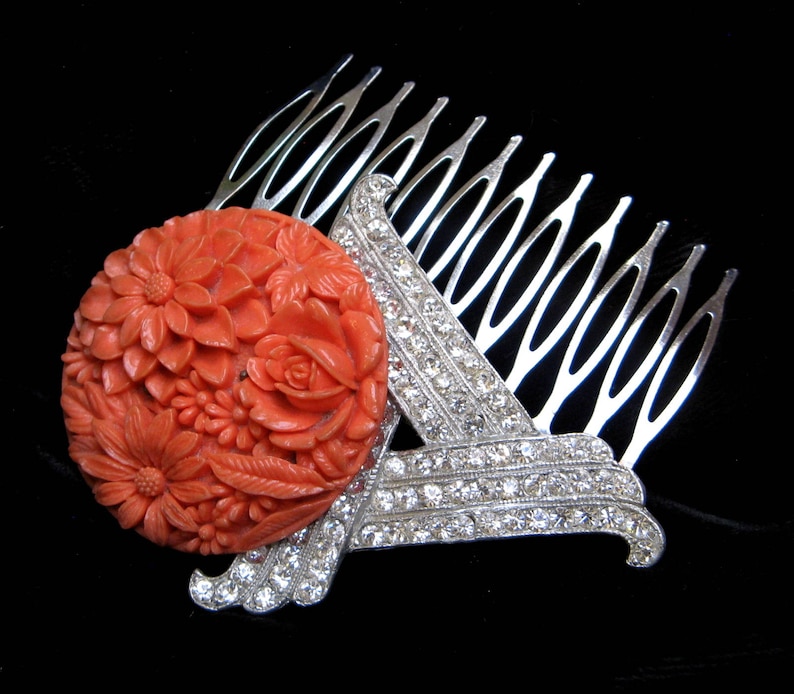 Vintage HAIR Comb HANDMADE Rhinestone CORAL Celluloid Flowers Art Deco Clip Barrette Orange Summer Old New Accessories Wedding Bridal