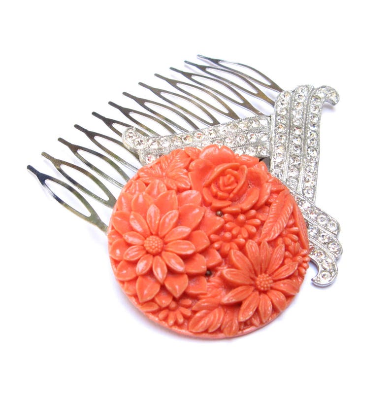 Vintage HAIR Comb HANDMADE Rhinestone CORAL Celluloid Flowers Art Deco Clip Barrette Orange Summer Old New Accessories Wedding Bridal