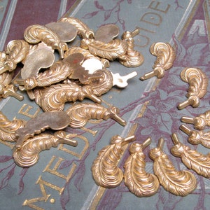 May include: A collection of gold-colored feather-shaped metal embellishments. The feathers have detailed veining and a small post at the base. They are scattered on a background with gold lettering and floral designs.