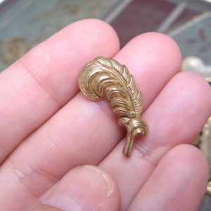 May include: A small, gold-colored feather-shaped embellishment. The feather has detailed veining and a curved top, with a small stem at the base. Other decorative metal pieces are visible in the background.