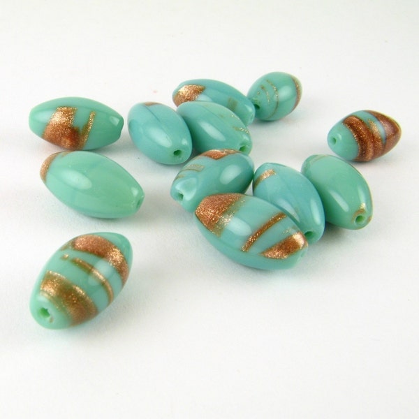 VINTAGE Swirled GLASS Barrel Teal Turquoise Aventurine Loose West German BEADS Jewelry Making Supplies