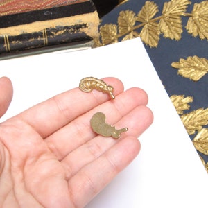 May include: Two small, gold-colored metal charms in the shape of a feather and a snail are held in a hand. The charms are on a white surface, with a dark blue background featuring gold leaf designs.