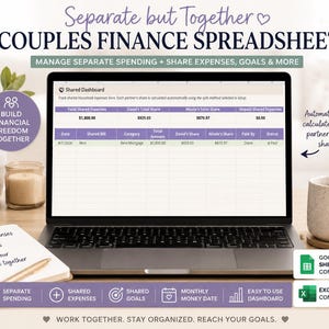 May include: A digital couples finance spreadsheet displayed on a laptop screen, featuring a shared dashboard for tracking expenses, calculating individual shares, and managing financial goals. Compatible with Google Sheets and Microsoft Excel.
