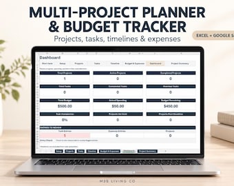 Puede incluir: Un planificador digital de proyectos múltiples y rastreador de presupuesto en la pantalla de una computadora portátil. La interfaz del tablero incluye pestañas para proyectos, tareas, cronogramas y gastos, compatible con Excel y Google Sheets.