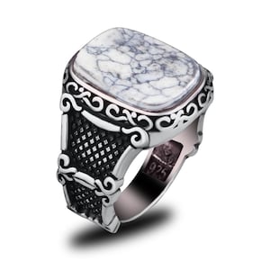Mens Howlite Ring Silver 925, Unique Howlite Ring Sterling Silver, Howlite Greek Style Ring, Polished Silver Ring for Men