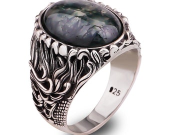 Mens Moss Agate Ring Sterling Silver, Silver 925 Moss Agate Ring for Men, Green Moss Agate Jewelry, Waves Ring Silver, Best Gift for Him