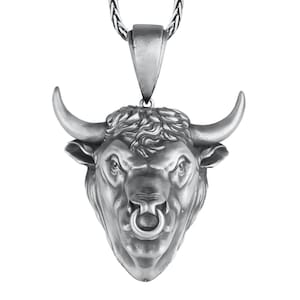 Chained Bull Head Necklace, Sterling Silver Bull Head Pendant, Large Bull Necklace, Masculine Necklace for Men, Perfect Gift for Chicagoan