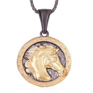 Gold Horse Necklace, Sterling Silver Horse Head Pendant, Black and Gold Horse Medallion, Unique Horse Jewelry, Best Gift for Host Riders