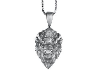Detailed Buffalo Pendant Sterling Sİlver, 3D Buffalo Head Necklace, Handmade Bison Charm, Grandfather Gift, Best Gift For Native Americans