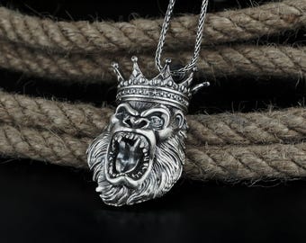 King Gorilla Pendant Sterling Silver, Angry Gorilla Head Necklace, Gorilla with Crown Necklace, Roaring Monkey Necklace, 3D King Kong Charm