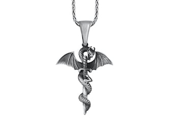 Dragon on Sword Pendant 925 Sterling Silver, Open Winged Dragon Sword Necklace, Spiral Tail Dragon Necklace, Cool Gift for Fantasy Lovers
