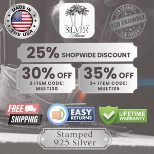 May include: Image featuring logos and text. Includes a "Made in the USA" emblem with the American flag. Other text includes "Silver Miami", "Eco Friendly", "25% Shopwide Discount", "30% Off", "35% Off", "Free Shipping", "Easy Returns", "Lifetime Warranty", and "Stamped 925 Silver".