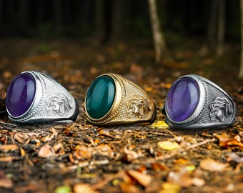 Gold Amethyst Ring, Pretty Horse Ring with Amethyst Stone, Sterling Silver February Birthstone Ring, Horse Head Ring with Purple Gemstone
