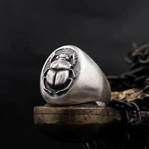 May include: A silver ring featuring a detailed scarab beetle design. The ring has a rounded face with the beetle in a recessed oval. The band is smooth and polished, with a slightly brushed finish. The ring is set against a dark background.