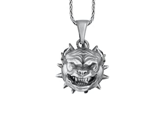 Pitbull Head Pendant Sterling Silver, Pit Bull With Collar Heavy Necklace, Aggressive Bulldog Head Necklace, American Pit Bull Terrier Charm