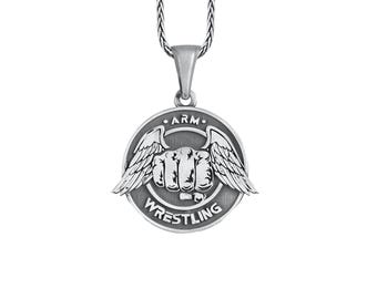 Arm Wrestling Pendant 925 Silver, Arm Wrestler Medallion, Wrist Wrestling Necklace Competitive Mens Necklace, Cool Gift for Strong-Armed Men