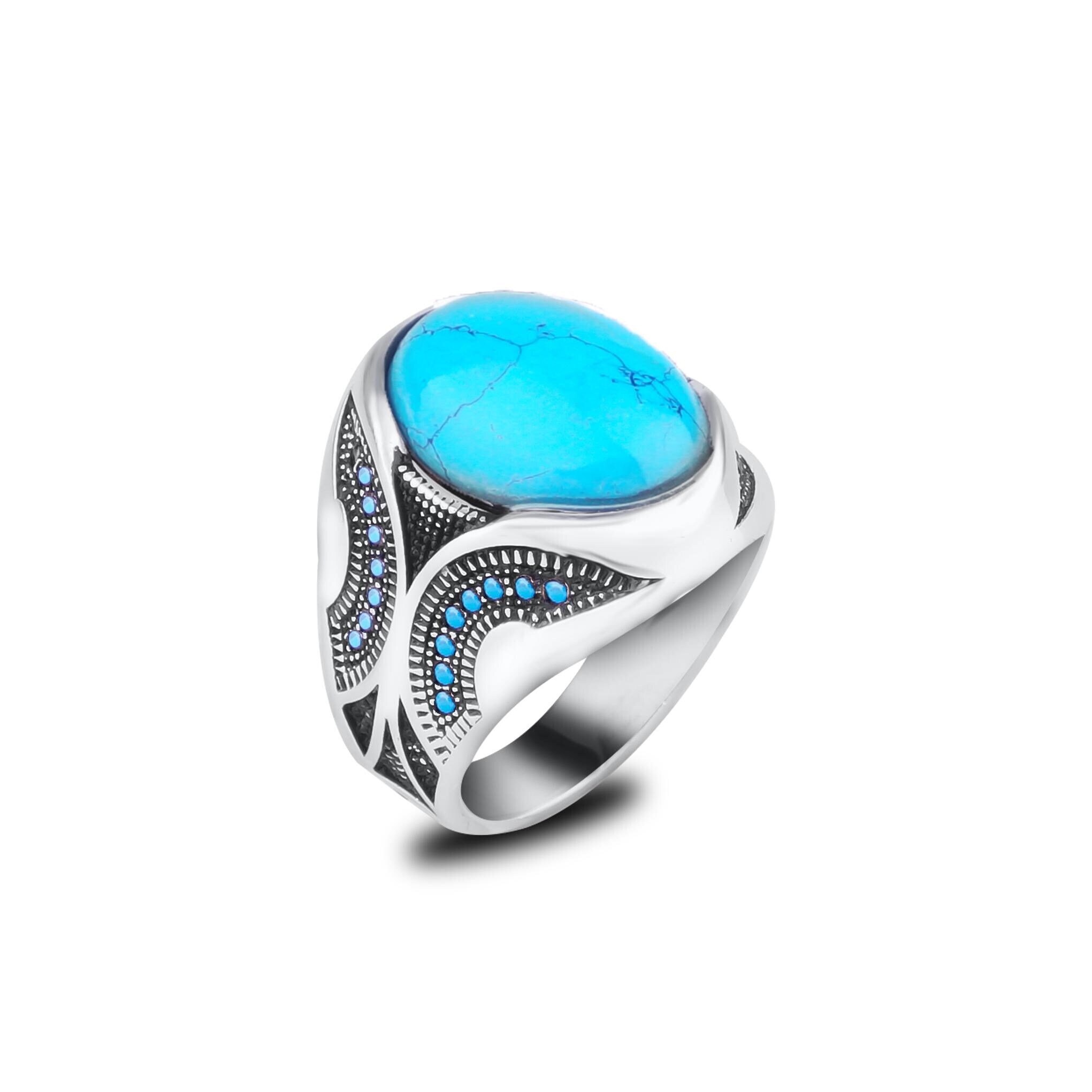 Solid 925 Sterling Silver Men's Ring With Turquoise Stone - Size 11, Made In Thailand - View #10
