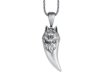 Wolf On Tooth Pendant Sterling Silver, Fenrir Wolf Tooth Necklace, Viking Wolf Necklace, Wolf Head Charm, Extraordinary Wolf Gift For Men