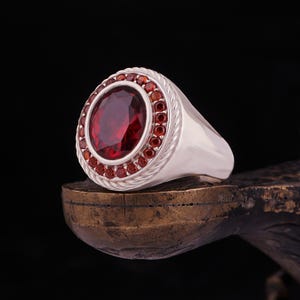 Sterling Silver Garnet Ring, Oval Cut Red Gemstone Ring, January Birthstone Ring, Unisex Bold Statement Ring, Unique Elegant Engagement Ring
