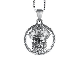 Pirate Skull Pendant Sterling Silver, One Eye Pirate Medallion, Bearded Bad Pirate Necklace, Dead Pirate with Hat Charm, Biker Culture Charm