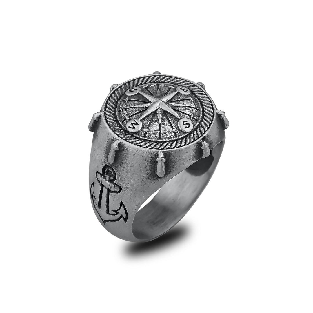 Compass Ring Sterling Silver, Compass Anchor and Wheel Ring, Unique ...