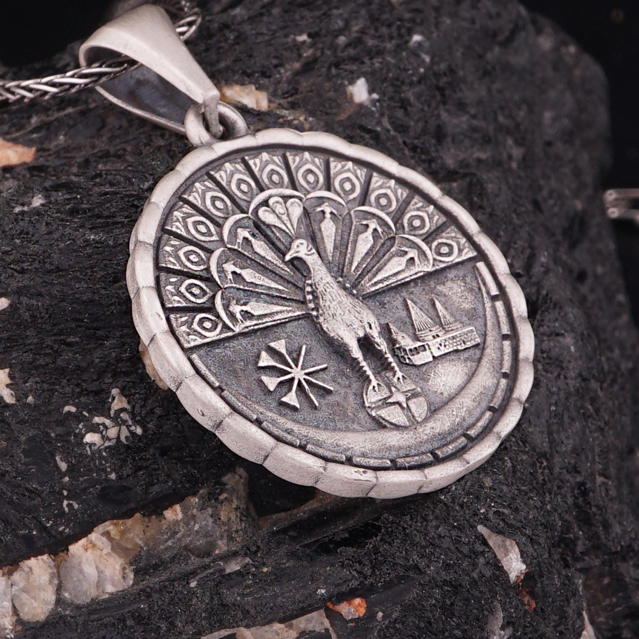 Yazidi Lalish Peacock Pendant Sterling Silver, Two Sided Melek
