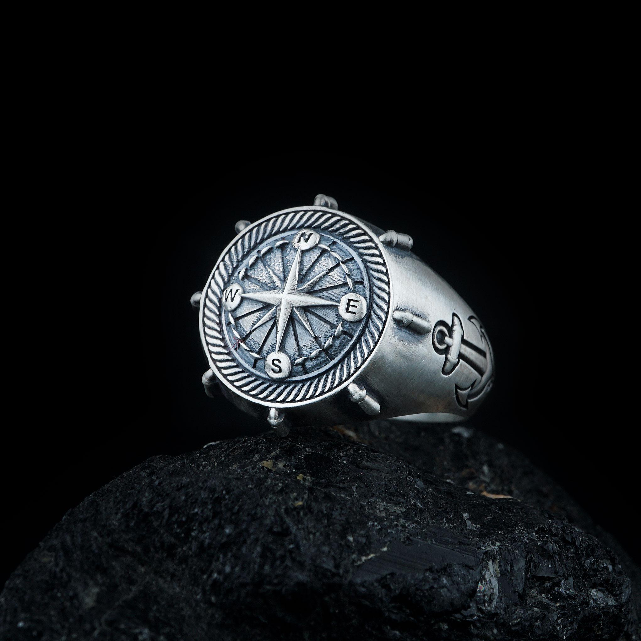 Compass Ring Sterling Silver, Compass Anchor and Wheel Ring, Unique ...
