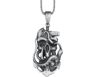 Skull Octopus Pendant 925 Sterling Silver, Nautical Skull and Anchor Necklace, Pirate Skull Necklace, Sea Monster Charm, Pirate Jewelry