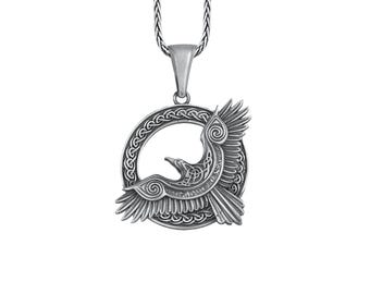 Flying Raven Pendant Sterling Silver, Norse Mythology Raven Necklace, Huginn and Muninn Necklace, Nordic Bird Charm, Celtic Mythology Charm