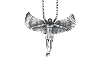 Winged Angel Pendant Sterling Silver, Flying Male Angel Necklace, Ascending Angel Charm, Winged Icarus Necklace, Best Gift for Spiritual Men