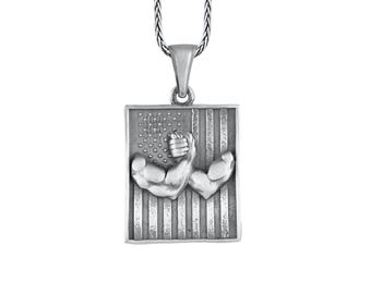 Arm Wrestling and American Flag Pendant 925 Silver, US Military Necklace, Memorial Workout Necklace, Best Gift for Masculine Patriotic Men