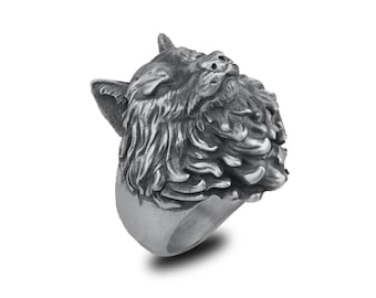 Oxidized Sterling Silver Wolf Head Ring: Realistic Animal Jewelry