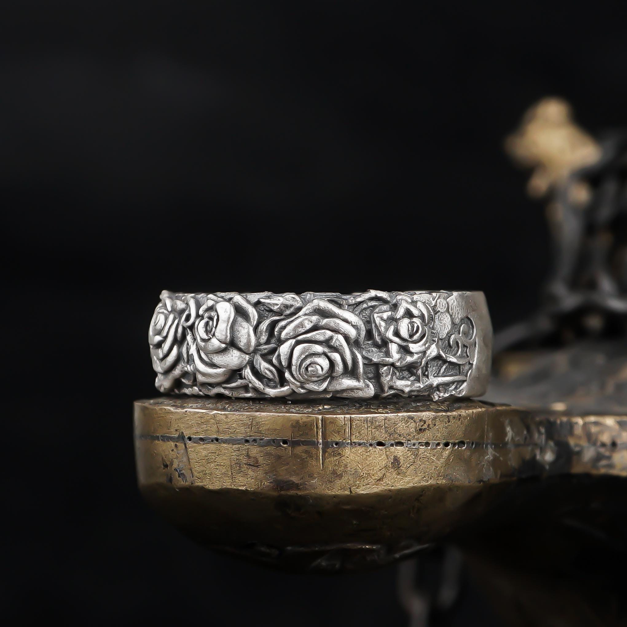 Rose Garden Wedding Band, Rose Ring Sterling Silver, Handmade Flower ...