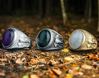Gold Green Agate Ring, May Birthstone Ring, Sterling Silver Elephant Ring with Green Agate Stone, Safari Animal Ring, Unique Gift for Dad