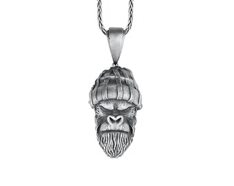 Bored Gorilla Pendant 925 Silver, Monkey Wears Beanie Necklace, Bearded Monkey King Necklace, Biker Culture Charm, Best Gift for Cool Dads