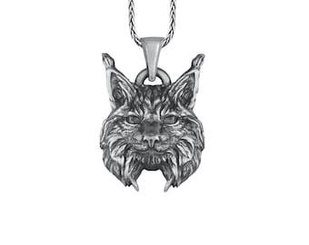 Lynx Pendant Sterling Silver, Lynx Head Heavy Necklace, Bobcat Necklace, Wild Cat Necklace, Big Cat Charm, Best Gift For Wild Life Lovers
