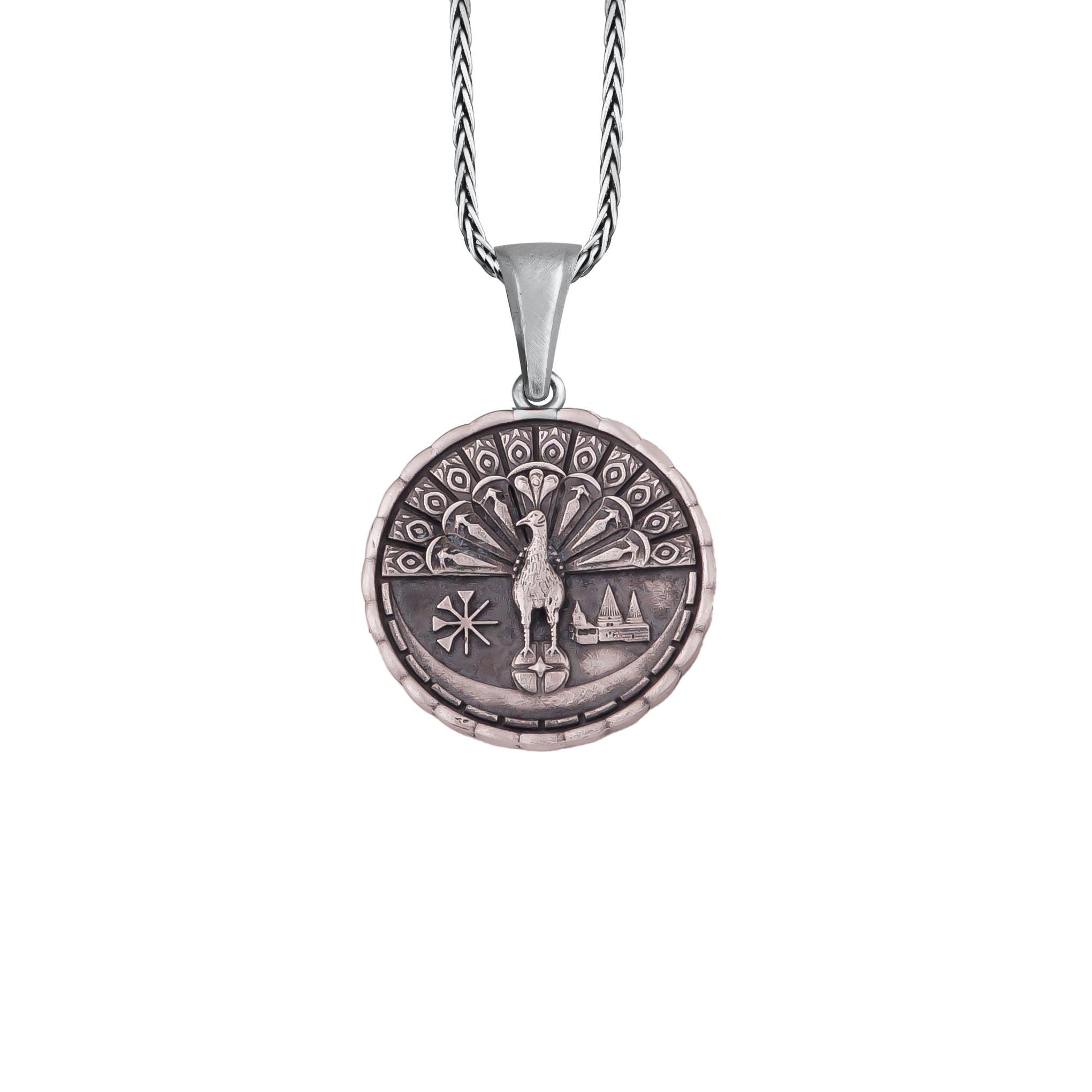 Yazidi Lalish Peacock Pendant Sterling Silver, Two Sided Melek