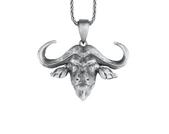 Buffalo Head Pendant Sterling Silver, Cape Buffalo Necklace, 3D Bull's Head Charm, African Horned Buffalo Necklace, Unique Gift For Fathers