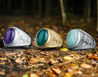 Gold Larimar Ring, Dragon and Sword Ring with Larimar Stone, 925 Sterling Silver Snake Around Sword Ring, Cool Blue Gemstone Ring for Men